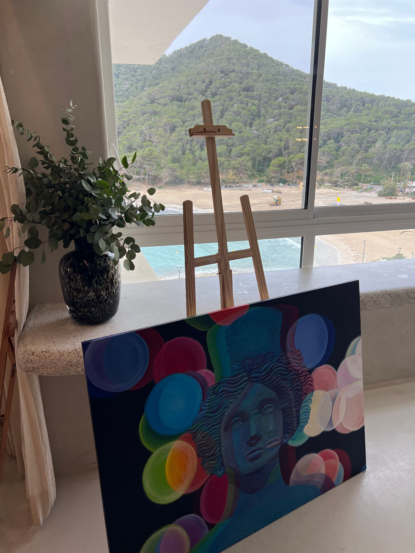 Colour-rich contemporary canvas overlooking the bay.